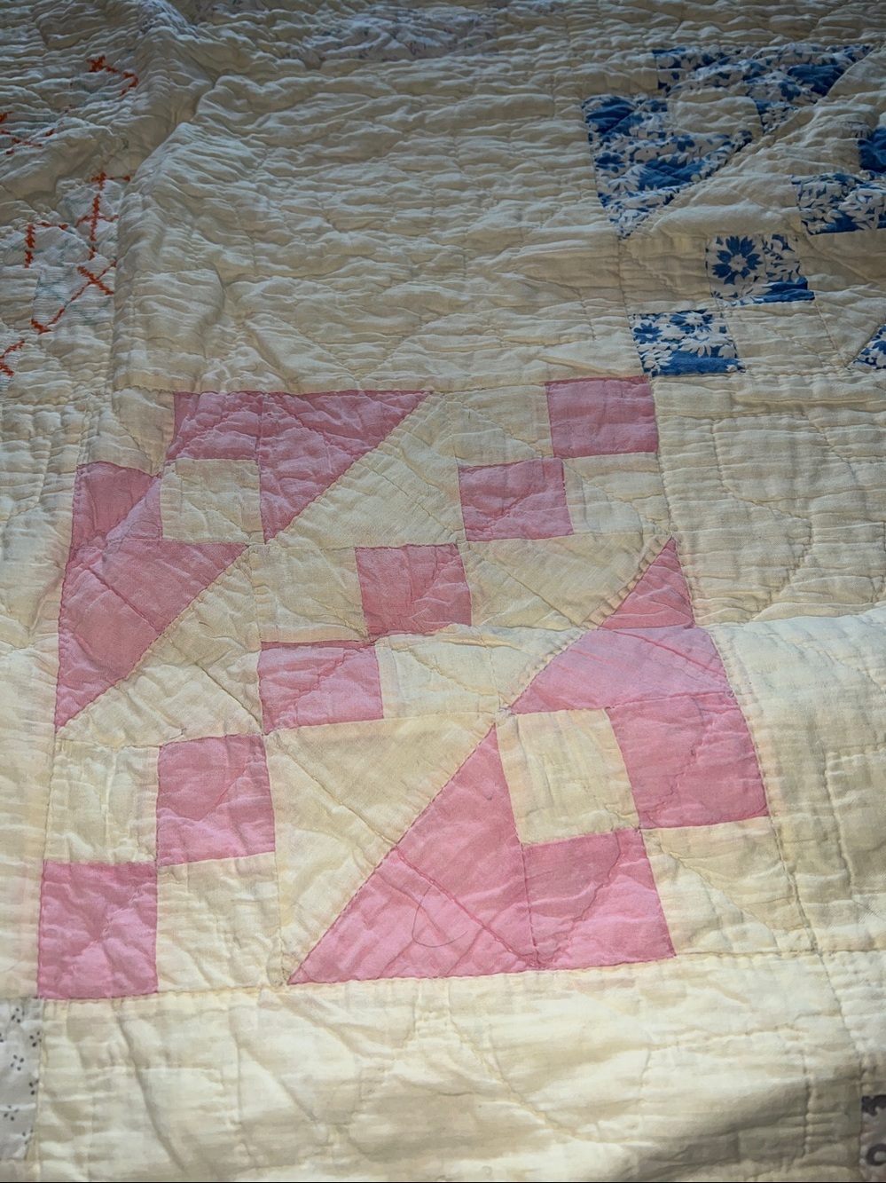 Antique twin size handmade squares patchwork triangle quilt 54” x 80”